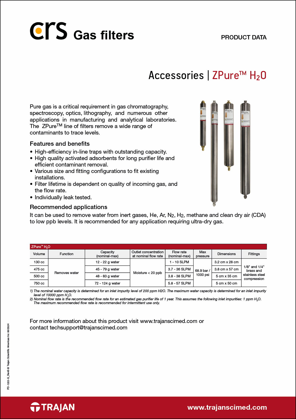 Product Data Sheet - CRS ZPure™ H<sub>2</sub>O gas filter