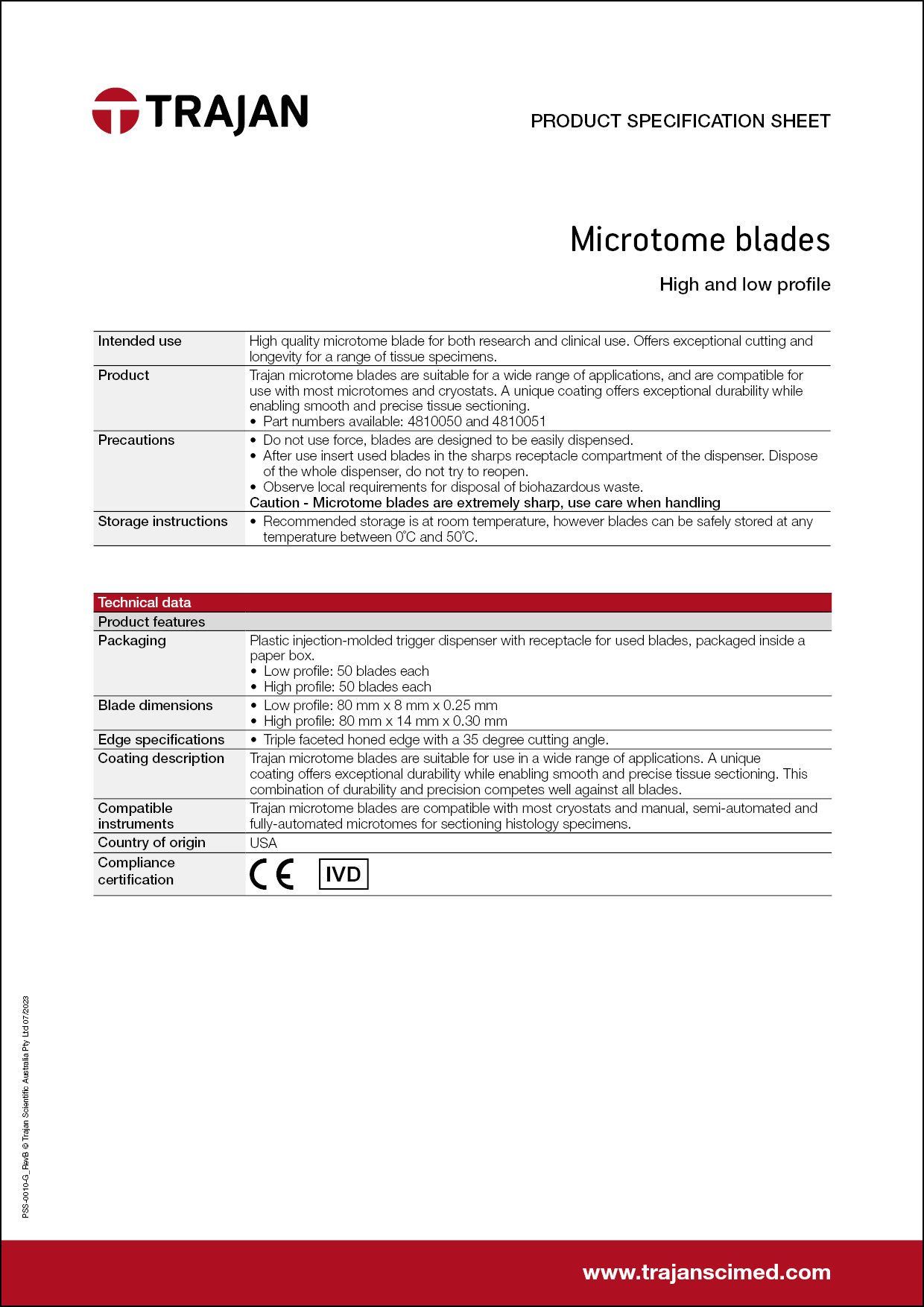 Product Specification Sheet - Microtome Blades